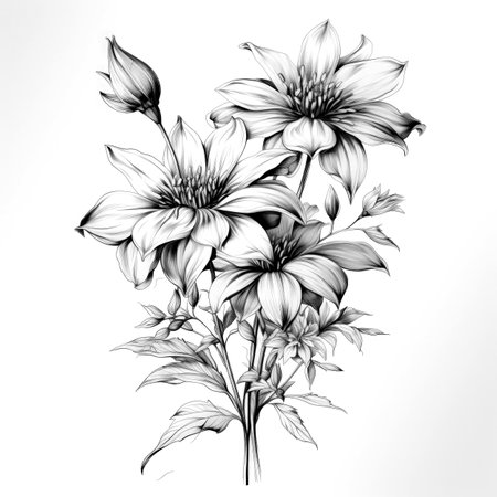 Black and white illustration of decorative flower bouquet. In sketch, ink tattoo style. Made with Generative AIの素材