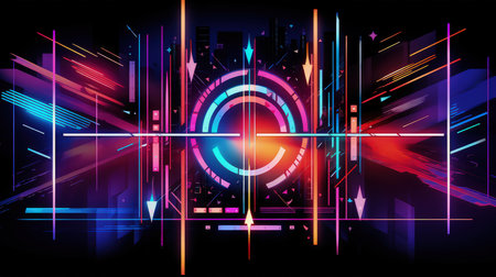 Edgy colorful neon design arrows, circles and geometrical shapes. Abstract modern background with vibrant gradients. Made with Generative AIの素材