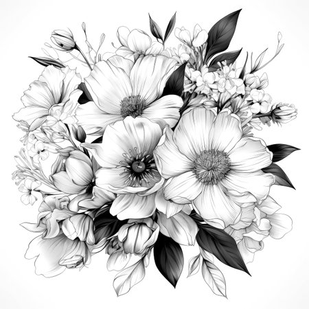 Black and white illustration of decorative flower bouquet. In sketch, ink tattoo style. Made with Generative AIの素材