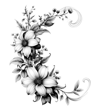Black and white illustration of decorative flower bouquet. Filigree ornament. In sketch, ink tattoo style. Made with Generative AIの素材
