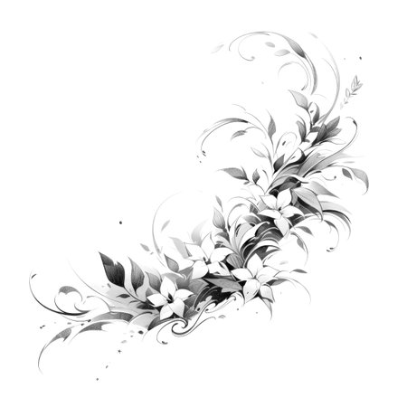 Black and white illustration of decorative flower bouquet. In sketch, ink tattoo style. Made with Generative AIの素材