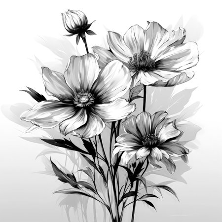Black and white illustration of decorative flower bouquet. In sketch, ink tattoo style. Made with Generative AIの素材