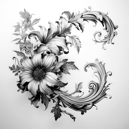 Black and white illustration of decorative flower bouquet. Filigree ornament. In sketch, ink tattoo style. Made with Generative AIの素材