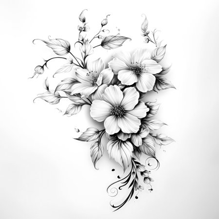 Black and white illustration of decorative flower bouquet. Filigree ornament. In sketch, ink tattoo style. Made with Generative AIの素材