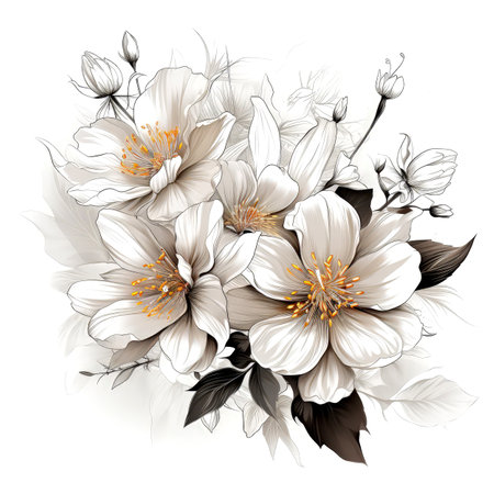 Black and white illustration of decorative flower bouquet. In sketch, ink tattoo style. Made with Generative AIの素材