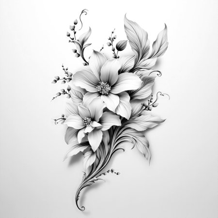 Black and white illustration of decorative flower bouquet. Filigree ornament. In sketch, ink tattoo style. Made with Generative AIの素材