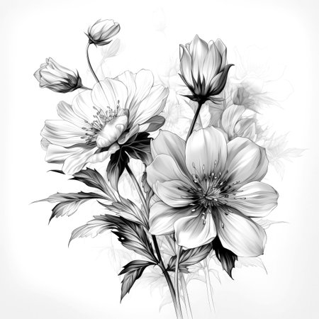 Black and white illustration of decorative flower bouquet. In sketch, ink tattoo style. Made with Generative AIの素材