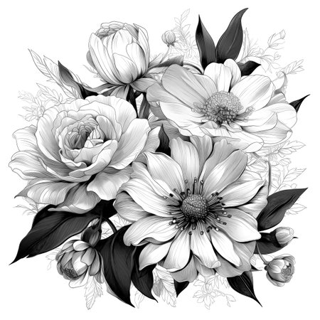 Black and white illustration of decorative flower bouquet. In sketch, ink tattoo style. Made with Generative AIの素材