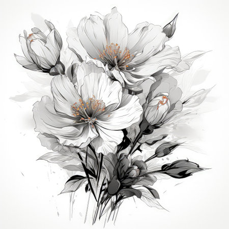 Black and white illustration of decorative flower bouquet. In sketch, ink tattoo style. Made with Generative AIの素材
