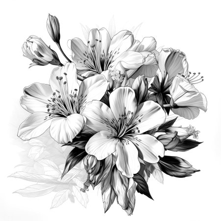 Black and white illustration of decorative flower bouquet. In sketch, ink tattoo style. Made with Generative AIの素材