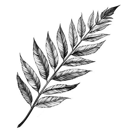 Black and white illustration of decorative tree branch with leaves. in sketch, ink style. Made with Generative AIの素材