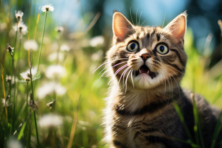 A tabby cat looking at something big, in the style of expressive faces. Shocked, screaming. Made with Generative AIの素材