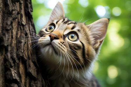 A tabby cat looking at something big, in the style of expressive faces. Shocked, screaming. Made with Generative AIの素材