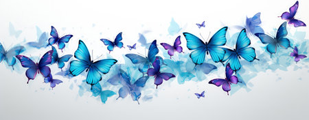 Blue butterflies on a white background. Wide banner, made with Generative AIの素材