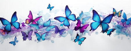 Blue butterflies on a white background. Wide banner, made with Generative AIの素材