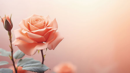 Background with peach and pink color roses. Romantic colors, beautiful light, empty space for product presentation. Made with Generative AIの素材
