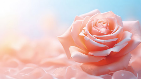 Background with peach and pink color roses. Romantic colors, beautiful light, empty space for product presentation. Made with Generative AIの素材