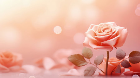 Background with peach and pink color roses. Romantic colors, beautiful light, empty space for product presentation. Made with Generative AIの素材