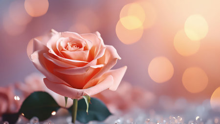 Background with peach and pink color roses. Romantic colors, beautiful light, empty space for product presentation. Made with Generative AIの素材