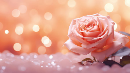 Background with peach and pink color roses. Romantic colors, beautiful light, empty space for product presentation. Made with Generative AIの素材