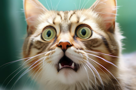 A tabby cat looking at something big, in the style of expressive faces. Shocked, screaming. Made with Generative AIの素材