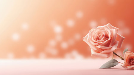Background with peach and pink color roses. Romantic colors, beautiful light, empty space for product presentation. Made with Generative AIの素材