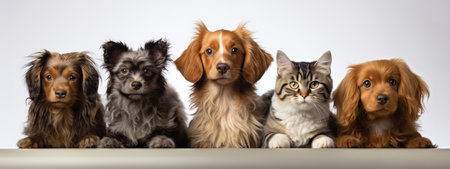 Dogs and cats posing to camera. Different breeds. Pet banner made with Generative AIの素材