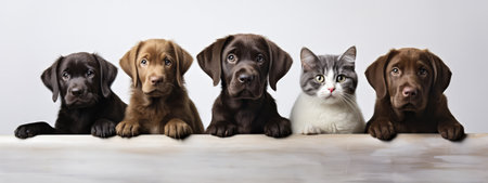Dogs and cats posing to camera. Different breeds. Pet banner made with Generative AIの素材