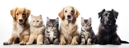 Dogs and cats posing to camera. Different breeds. Pet banner made with Generative AIの素材