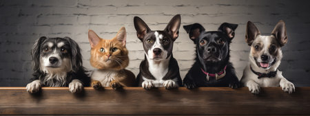 Dogs and cats posing to camera. Different breeds. Pet banner made with Generative AIの素材