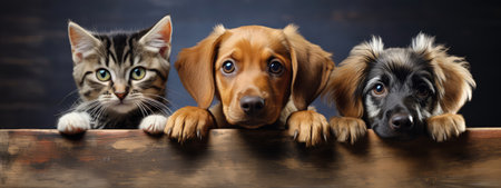 Dogs and cats posing to camera. Different breeds. Pet banner made with Generative AIの素材