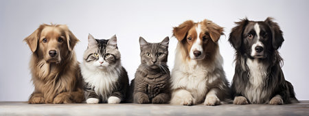 Dogs and cats posing to camera. Different breeds. Pet banner made with Generative AIの素材