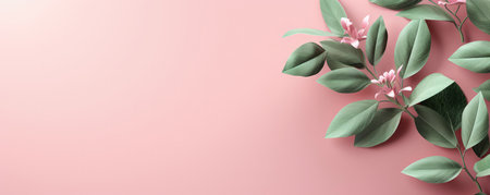 Light green plants on a pastel pink background. Empty space for text. Banner made with Generative AIの素材