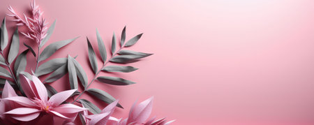 Light green plants on a pastel pink background. Empty space for text. Banner made with Generative AIの素材