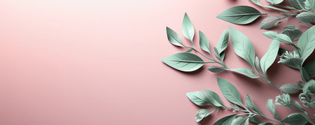 Light green plants on a pastel pink background. Empty space for text. Banner made with Generative AIの素材