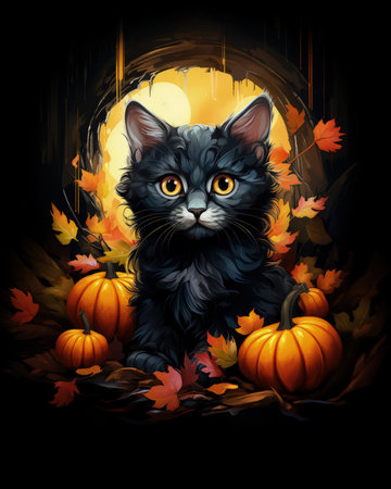 Halloween cartoon cat with pumpkin on a black background. Made with Generative AIの素材