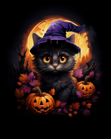 Halloween cartoon cat with pumpkin on a black background. Made with Generative AIの素材