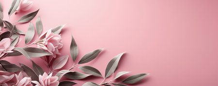 Light green plants on a pastel pink background. Empty space for text. Banner made with Generative AIの素材
