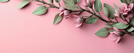 Light green plants on a pastel pink background. Empty space for text. Banner made with Generative AIの素材
