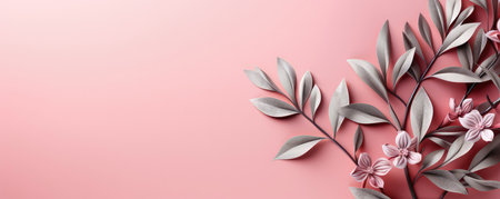 Light green plants on a pastel pink background. Empty space for text. Banner made with Generative AIの素材