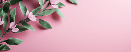 Light green plants on a pastel pink background. Empty space for text. Banner made with Generative AIの素材