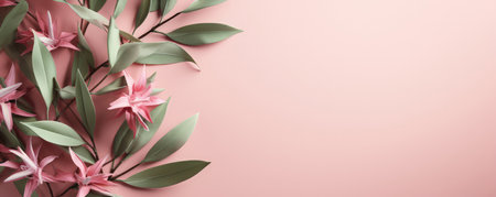Light green plants on a pastel pink background. Empty space for text. Banner made with Generative AIの素材