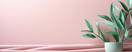 Light green plants on a pastel pink background. Empty space for text. Banner made with Generative AIの素材