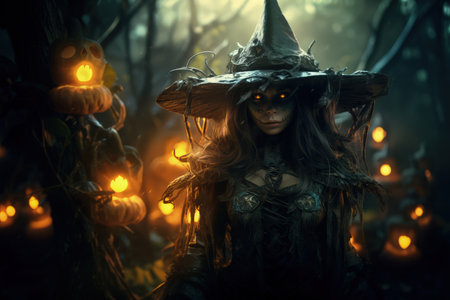 Halloween witch cosplay, creepy, mystical fantasy illustration made with Generative AIの素材