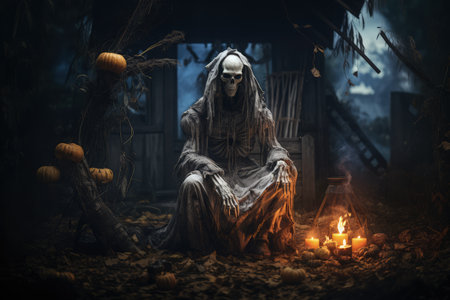 Creepy skeleton wearing cape, horror, creepy, mystical halloween fantasy illustration made with Generative AIの素材
