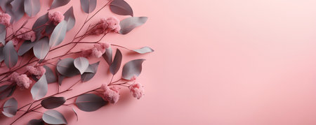 Plants on a pastel pink background. Empty space for text. Banner made with Generative AIの素材