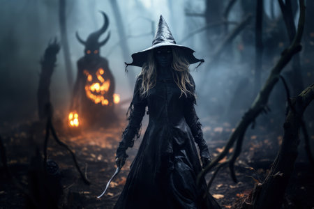 Halloween witch cosplay, creepy, mystical fantasy illustration made with Generative AIの素材