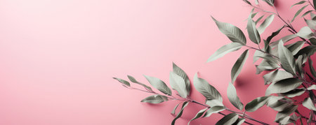 Light green plants on a pastel pink background. Empty space for text. Banner made with Generative AIの素材