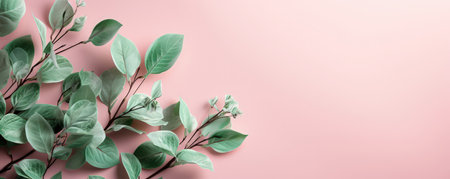 Light green plants on a pastel pink background. Empty space for text. Banner made with Generative AIの素材
