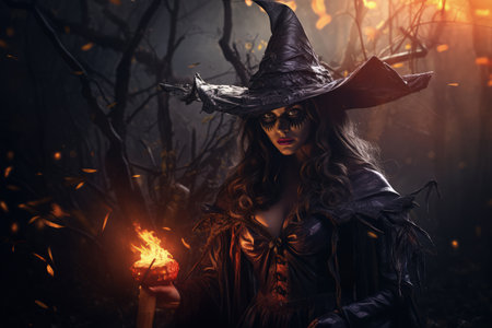 Halloween witch cosplay, creepy, mystical fantasy illustration made with Generative AIの素材